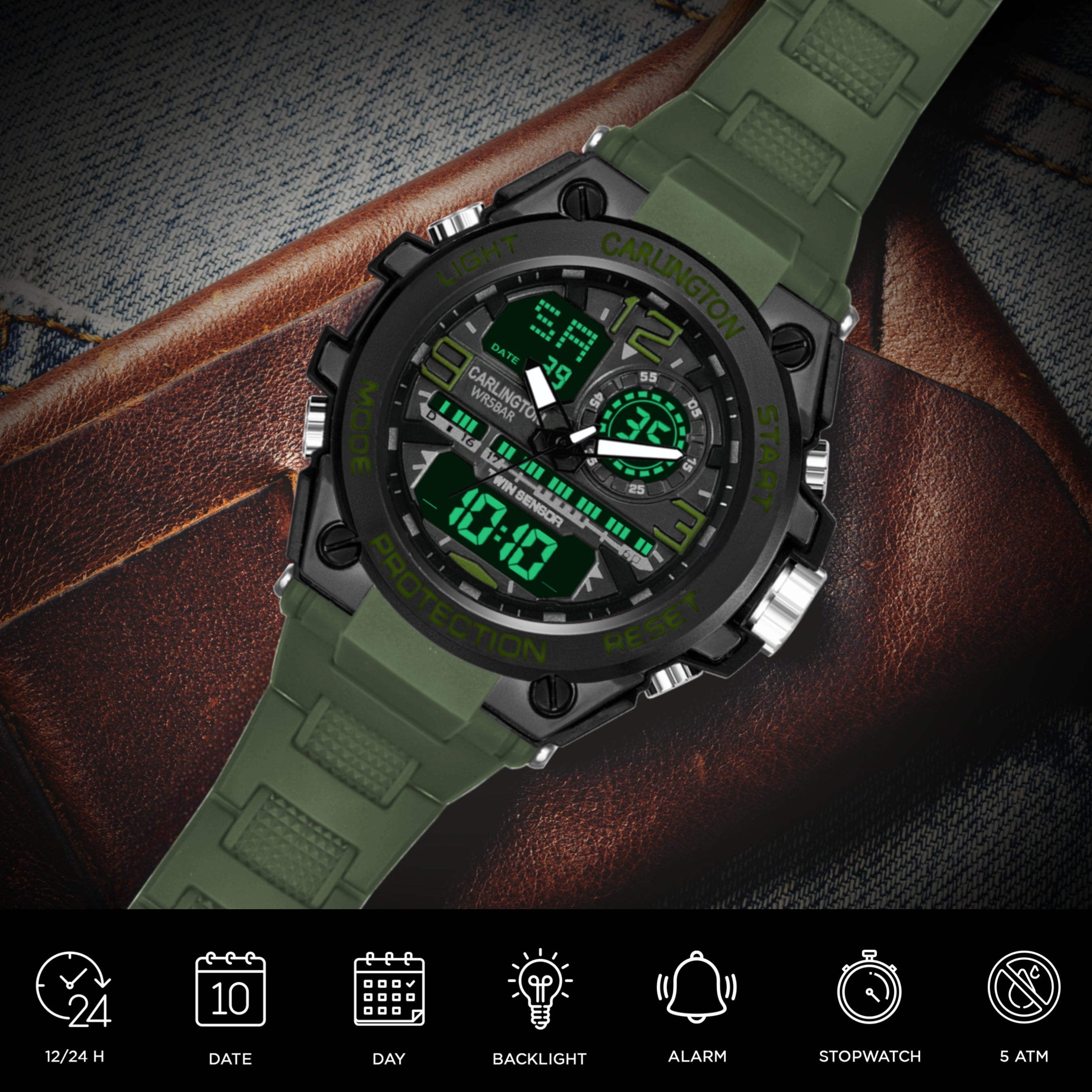 Carlington Analog-Digital Watch - 3377 Green